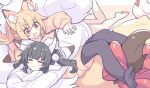  2girls :3 =_= animal_ear_fluff animal_ear_hood animal_ears bare_legs bird black_hair black_pantyhose blonde_hair chicken fox_ears fox_girl fox_tail hair_between_eyes hood hoodie lying lying_on_person multiple_girls on_back on_stomach open_mouth original pantyhose pillow ponytail red_eyes short_eyebrows suzuno_(suzuno3110) sweat tail thick_eyebrows twintails v-shaped_eyebrows white_hoodie yellow_hoodie 