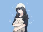  1girl :o animal animal_hug baseball_cap bell black_hair black_shirt blue_background blue_eyes cat closed_eyes collarbone commentary grey_hat hat highres jingle_bell lexielex long_hair neck_bell original parted_lips shirt short_sleeves simple_background solo upper_body 