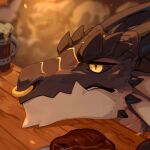 1:1 alcohol anthro beer beverage black_sclera brown_body brown_horn cheek_spikes corzh77 dragon facial_piercing facial_spikes food hi_res horn male mouth_closed mythological_creature mythological_scalie mythology nose_piercing nose_ring piercing pupils ring_piercing scalie septum_piercing septum_ring side_view slit_pupils solo spikes spikes_(anatomy) tan_body yellow_eyes