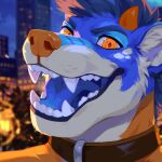  1:1 anthro blue_body blue_fur blue_tongue blurred_background brown_collar bust_portrait canid canine collar corzh77 fangs fur hi_res horn looking_at_viewer male mammal night open_mouth orange_body orange_eyes orange_fur orange_horn orange_nose outside portrait solo teeth tongue white_body white_fur 