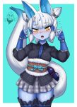  1girl adansosutega animal_ears belt black_shirt black_thighhighs blue_gloves blue_necktie blue_skin blush bracelet brown_belt collared_shirt colored_skin cowboy_shot elbow_gloves extra_ears fingerless_gloves flying_sweatdrops fox_ears fox_girl fox_shadow_puppet fox_tail frilled_thighhighs frills fur_trim ginkaku_(kemono_friends) gloves grey_skirt hair_between_eyes hair_tubes highres horns jewelry kemono_friends looking_at_viewer necktie nose_blush plaid_clothes plaid_skirt pleated_skirt puffy_sleeves quad_tails shirt short_twintails sidelocks single_horn skirt solo sweatdrop tail thighhighs twintails white_fur white_hair yellow_eyes zettai_ryouiki 