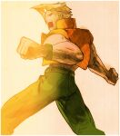  1boy angry bengus blonde_hair brown_eyes capcom charlie_nash clenched_hands facing_to_the_side fighting_stance game_cg glasses highres jacket male_focus marvel marvel_vs._capcom marvel_vs._capcom_2 muscular muscular_male non-web_source official_art scan sidelighting simple_background sleeveless solo street_fighter vest 