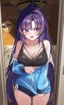  1girl bare_shoulders black_bra black_buruma blue_archive blue_jacket blush bra buruma hair_between_eyes highres jacket long_hair looking_to_the_side melt_(melt_out1) no_shirt official_alternate_costume official_alternate_hairstyle pink_hair ponytail purple_eyes sidelocks solo sweat underwear yuuka_(blue_archive) 