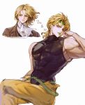  2boys aged_down bishounen blonde_hair dio_brando ekchyong64143 fang highres jojo_no_kimyou_na_bouken long_hair multiple_boys phantom_blood sleeveless sleeveless_turtleneck stardust_crusaders turtleneck vampire yellow_eyes 
