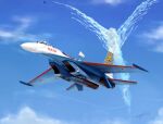  1boy ace_combat aircraft airplane artist_name cloud contrail day fighter_jet flying highres military military_vehicle no_humans pilot realistic signature sky su-27 thompson_(solowingfh) vehicle_focus 