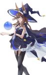  1girl absurdres amiya_(arknights) amiya_(medic)_(arknights) amiya_(medic)_(solo_around_the_world)_(arknights) animal_ear_fluff animal_ears arknights black_cape black_dress black_gloves black_hat black_pantyhose blue_eyes braid brown_hair cape commentary_request dress eareay ears_through_headwear frilled_dress frills gloves hair_between_eyes half_gloves hat highres long_hair orb pantyhose rabbit_ears simple_background single_glove solo strapless strapless_dress very_long_hair white_background witch_hat 