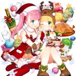  2girls akane_garnet alcohol animal_costume aqua_eyes boots box brown_boots cake champagne chicken_(food) cup cupcake dress drinking_glass food gift gift_box hat holding holding_cake holding_food knee_boots long_hair multiple_girls pink_hair red_boots red_dress reindeer_costume salt_(salty) santa_costume santa_dress santa_hat sapphire_emerald twintails uchi_no_hime-sama_ga_ichiban_kawaii wine_glass 