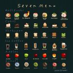  apple artist_name cake cake_slice cherry coffee commentary_request cookie cup donut drink drinking_glass drinking_straw english_text food food_art food_focus fruit ice_cream ice_cream_float issiki_toaki juice kiwi_(fruit) menu no_humans orange_(fruit) orange_slice original pastry pudding sandwich shrimp simple_background strawberry strawberry_shortcake sushi swiss_roll 
