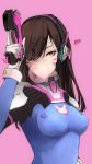  16nfeiyu 1girl absurdres air_bubble animal_print arm_up bangs bodysuit breasts brown_eyes brown_hair bubble bunny_print chewing_gum chinese_commentary commentary d.va_(overwatch) facepaint facial_mark gloves gun handgun headphones heart highres holding holding_gun holding_weapon long_hair looking_at_viewer medium_breasts open_mouth overwatch pilot_suit pink_background pistol simple_background skin_tight solo swept_bangs trinkets upper_body weapon whisker_markings white_gloves 