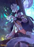 anthro black_cape black_clothing black_gloves black_handwear blue_eyes cape carbonizedaki clothed clothing felid fur gloves grey_markings handwear hi_res holding_object holding_staff looking_at_viewer magic_user male mammal markings navel open_mouth solo staff white_body white_fur
