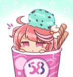  1girl ahoge asimo953 bangs baskin-robbins blush chestnut_mouth chibi commentary_request cup dessert food food_on_head hair_between_eyes hair_ornament highres i-58_(kantai_collection) ice_cream in_container in_cup in_food kantai_collection looking_at_viewer object_on_head peeking_out pink_eyes pink_hair short_hair simple_background solo 