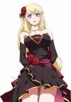 1girl agnes_claudel arms_behind_back artist_name bare_shoulders black_dress blonde_hair blue_eyes blush breasts cowboy_shot detached_sleeves double-parted_bangs dress eiyuu_densetsu flower hair_between_eyes hair_flower hair_ornament kai_no_kiseki kuro_no_kiseki_(series) large_breasts long_hair open_mouth sidelocks simple_background smile solo white_background xiacheng_tatsuya 