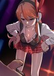  1girl absurdres akame_ga_kill! ball_busting bdsm black_vest breasts candy cbt character_request chelsea_(akame_ga_kill!) collarbone commission femdom flaccid food hairband hands_on_own_hips highres leaning_forward legs lollipop long_hair looking_at_penis looking_down medium_breasts orange_hair penis pixiv_commission pleated_skirt red_eyes red_skirt shirt skirt standing straydogshelter swept_bangs testicles vest white_shirt 
