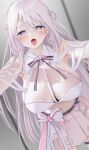  1girl absurdres armpits asmr bare_shoulders belt between_breasts black_belt blush bow bow_skirt bowtie breasts cleavage collared_shirt commentary_request commission crescent crop_top gem hair_between_eyes hair_rings halter_shirt halterneck heart heart_o-ring highres indie_virtual_youtuber kurosawa_itsuki large_breasts long_hair looking_at_viewer multi-strapped_shirt naito_mare_(vtuber) navel o-ring open_mouth pink_bow pink_gemstone pink_skirt pleated_skirt purple_eyes shirt side_slit skeb_commission skirt solo sweat thigh_strap thighs tongue tongue_out very_long_hair virtual_youtuber white_bow white_bowtie white_hair white_shirt 