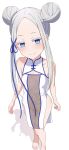  1girl absurdres bare_arms bare_legs bare_shoulders barefoot blue_eyes blush braid braided_bun breasts china_dress chinese_clothes colored_eyelashes covered_nipples dress forehead full_body hair_bun hair_ribbon highres long_hair looking_at_viewer midriff na-suke navel off_shoulder pandora_(re:zero) parted_bangs re:zero_kara_hajimeru_isekai_seikatsu ribbon see-through_clothes shadow sidelocks simple_background sleeveless sleeveless_dress small_breasts smile solo standing white_background white_dress white_hair 