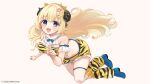  1girl :d animal_ears animal_print bare_shoulders blonde_hair blue_shoes breasts brown_background fur-trimmed_shorts fur_trim hair_ornament highres hololive horns index_finger_raised lightning_bolt_hair_ornament lightning_bolt_symbol long_hair looking_at_viewer loose_socks medium_breasts navel official_art open_mouth print_shorts print_socks purple_eyes rino_cnc sheep_ears sheep_girl sheep_horns shoes short_shorts shorts simple_background smile socks tiger_print tsunomaki_watame very_long_hair virtual_youtuber yellow_shorts yellow_socks 