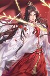  1boy absurdres blue_eyes brown_hair chinese_clothes chu_wanning closed_mouth cowboy_shot erha_he_tadebai_mao_shizun flower glowing glowing_weapon hanfu highres holding holding_whip korean_commentary long_hair long_sleeves looking_at_viewer male_focus petals red_flower red_hanfu red_petals ribbon ribboned_xiao_guan see-through_clothes solo tassel topknot weapon whip white_hanfu white_ribbon wide_sleeves xiao_guan_(headdress) yaopei zehel_az 