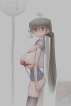  1girl ass bikini blue_sailor_collar blue_skirt blush breasts closed_mouth clothes_lift cowboy_shot eyes_visible_through_hair grey_background grey_hair highres large_areolae long_hair looking_at_viewer low_twintails original outdoors panties pleated_skirt sailor_collar school_uniform see-through_clothes serafuku shirt shirt_lift short_sleeves simple_background skirt slingshot_swimsuit solo standing swimsuit thighhighs thighs thong twintails underwear very_long_hair vwzq wardrobe_malfunction white_shirt 