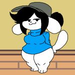 1:1 3_toes 4chan_anon anonymous_artist anthro big_ears black_eyes black_hair black_nose blue_clothing blue_sweater blue_topwear breasts closed_smile clothing deltarune feet female floppy_ears grey_clothing grey_hat grey_headwear hair hands_behind_back hat headgear headwear hi_res long_tail looking_at_viewer monster mouth_closed narrowed_eyes ponytail smile smug solo standing sweater tail tem temmie_(deltarune) thick_thighs toes topwear undertale_(series) white_ears white_tail wide_hips