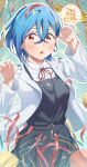  1girl absurdres aqua_background blue_hair breasts collared_shirt commentary cowboy_shot crossed_bangs dress dress_shirt earrings grey_dress hair_between_eyes happy_birthday highres jewelry lab_coat love_live! love_live!_superstar!! medium_breasts neck_ribbon noshiro_tomoya open_mouth orange_eyes party_popper pinafore_dress red_ribbon ribbon school_uniform shirt sleeveless sleeveless_dress solo streamers stud_earrings surprised wakana_shiki white_shirt wide-eyed yuigaoka_school_uniform 