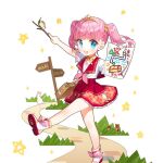  1girl akane_garnet aqua_eyes bag branch choker dress holding holding_branch holding_paper open_mouth paper pink_hair red_dress red_sailor_collar ribbon_choker road sailor_collar salt_(salty) shoulder_bag tiara twintails uchi_no_hime-sama_ga_ichiban_kawaii walking yellow_choker 