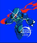  1boy arm_cannon armor blue_armor blue_background blue_helmet forehead_jewel full_body guutara helmet highres male_focus mega_man_(series) mega_man_x_(series) simple_background solo weapon x_(mega_man) 