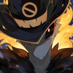  1:1 ambiguous_gender big_eyes black_body black_clothing black_fur black_hat black_headwear black_sclera bust_portrait cheek_tuft clothing corzh77 facial_tuft front_view fur grey_body grey_fur hat headgear headwear hi_res looking_at_viewer portrait pupils red_eyes solo species_request tuft white_pupils 
