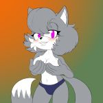  1:1 5_fingers absurd_res arctic_fox bangs black_nose blush breasts bulge canid canine cheek_tuft clothing dickgirl dipstick_tail eyelashes fan_character fox fur grey_fur hair half-closed_eyes hi_res holding_breast intersex lamoka_omegadyne long_eyelashes looking_at_viewer mammal mostly_nude multicolored_fur multicolored_tail navel panties purple_eyes short_hair simple_background smile solo sonic_(series) tuft two_tone_fur underwear white_fur 