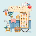  basket bicycle bird blue_background blue_bow blue_flower bow cherry flower food food_focus fruit ice_cream ice_cream_cone issiki_toaki no_humans original pink_flower red_flower simple_background white_flower 