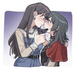  2girls bang_dream! bang_dream!_it&#039;s_mygo!!!!! black_hair black_mask blue_dress blue_eyes blush border brown_hair cape chain chain_necklace closed_mouth commentary_request criangle_k. dress ear_blush earclip earrings eye_contact highres imminent_kiss jewelry long_hair looking_at_another mask mouth_mask multiple_girls necklace outside_border parted_lips purple_background purple_eyes red_cape see-through_clothes see-through_sleeves shiina_taki timoris_(bang_dream!) unworn_mask white_border yahata_umiri yuri 