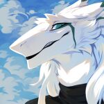  1:1 anthro black_clothing black_lips black_topwear blue_eyes bust_portrait cheek_tuft clothed clothing corzh77 facial_tuft fur hi_res lips looking_at_viewer male portrait ral_(ex-exist) sergal solo topwear tuft white_body white_fur 