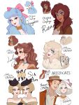  1boy 6+boys absurdres am_(lady_&amp;_the_tramp) animal bare_shoulders blonde_hair blue_eyes blue_eyeshadow blue_hair bow brown_hair cat commentary_request copyright_name disney dog duchess_(disney) earrings eyeshadow facial_hair fangs georgette_(oliver_&amp;_company) goatee_stubble hair_bow hair_over_one_eye half_updo hat highres humanization jacket jewelry lady_(disney) lady_and_the_tramp long_hair looking_at_viewer makeup moko_eaka mole multiple_boys necklace oliver_&amp;_company open_mouth orange_hair pearl_necklace peg_(disney) pink_bow profile purple_eyeshadow rita_(oliver_&amp;_company) short_hair si_(lady_&amp;_the_tramp) siamese_cat siblings simple_background smile stubble the_aristocats thomas_o&#039;malley twins wavy_hair white_background white_hat 