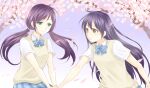  2girls blue_bow blue_bowtie blue_hair blush bow bowtie cherry_blossoms couple denshi_manabu green_eyes holding_hands long_hair love_live! multiple_girls necktie prototype_design smile sonoda_umi standing teeth tojo_nozomi tree twintails yuri 