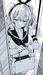  1girl bag belko blue_eyes blush breasts cleavage cosplay doorway elbow_gloves gloves greyscale hair_between_eyes highres holding holding_bag kantai_collection kashima_(kancolle) large_breasts long_hair looking_at_viewer monochrome neckerchief sailor_collar shimakaze_(kancolle) shimakaze_(kancolle)_(cosplay) sketch sleeveless smile solo spot_color twintails wavy_hair 