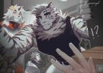  !? 1other 3boys absurdres animal_ears arknights black_hair black_tank_top cat_nose claws closed_mouth colored_tips commission daru808080 english_commentary furry furry_male highres hood hooded_jacket horns hung_(arknights) hyena_boy hyena_ears jacket komainu_boy komainu_ears looking_at_viewer looking_to_the_side mountain_(arknights) multicolored_hair multiple_boys pants single_horn smile spot_(arknights) tank_top tiger tiger_boy tiger_ears tiger_stripes watermark white_fur white_hair white_pants white_tiger 