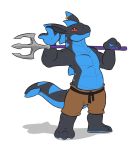  anthro belt black_scales blue_scales bottomwear clothing demon ear_piercing ear_ring hi_res knaveofclubs lakritz male melee_weapon pants piercing polearm red_eyes scales scalie simple_background slightly_damned solo trident weapon webcomic white_background 