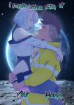  1boy 1girl absurdres couple cyberpunk cyberpunk_(series) earth_(planet) english_text eye_contact from_side highres leg_lock looking_at_another lucy_(cyberpunk) non-web_source planet short_hair sky smile space star_(sky) starry_sky 