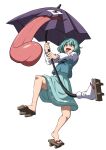  1girl blue_eyes blue_skirt blue_vest full_body geta heterochromia highres holding holding_umbrella inuno_rakugaki long_sleeves puffy_long_sleeves puffy_sleeves red_eyes shirt short_hair simple_background skirt smile solo standing standing_on_one_leg tatara_kogasa tongue tongue_out touhou umbrella vest white_background white_shirt 