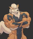 abs anthro anthrofied arcanine arm_tuft beard biceps big_muscles crossed_arms digital_media_(artwork) ear_piercing ear_ring elbow_tuft facial_hair facial_piercing fangs featureless_crotch fur generation_1_pokemon gold_piercing grin hair hand_on_bicep hi_res huge_muscles kaioat leg_muscles lip_piercing long_hair looking_at_viewer male markings muscular muscular_anthro muscular_male nintendo nude orange_body orange_fur pecs piercing pokemon pokemon_(species) pokemorph ring_piercing simple_background smile smirk solo striped_markings stripes tail teeth tuft vein veiny_muscles