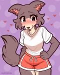 2025 anthro athletic_wear beastars biped black_nose blue_eyes blush bottomwear breasts canid canine canis closed_smile clothed clothing eyebrows eyelashes female fingers fur grey_body grey_fur grey_tail hand_on_hip heart_symbol hi_res jayrnski juno_(beastars) looking_at_viewer mammal mouth_closed multicolored_body pattern_background shirt shorts simple_background smile solo standing tail topwear wolf