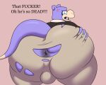 2025 5:4 angry anthro anus bent_over big_butt black_clothing black_sweater black_topwear blue_eyes bottomwear bulge butt butt_grab claws clothing colossalstars cross-popping_vein digital_media_(artwork) english_text exclamation_point fur generation_1_pokemon hand_on_butt hand_on_own_butt hi_res huge_butt looking_at_butt looking_at_own_butt looking_at_self looking_back male multicolored_body multicolored_fur nintendo obese obese_anthro obese_male overweight overweight_anthro overweight_male pants pokemon pokemon_(species) profanity purple_body purple_ears purple_fur purple_tail rear_view sharp_teeth shirt slowpoke solo sweater tail tan_body tan_bottomwear tan_clothing tan_fur tan_nose tan_pants teeth text thick_thighs topwear torn_bottomwear torn_clothing torn_pants tusks two_tone_body two_tone_fur white_claws white_clothing white_shirt white_topwear