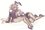  2boys androgynous animal_ears astolfo_(fate) black_leotard blush elbow_gloves fang fate/apocrypha fate_(series) gloves haoro hug leotard male_focus male_playboy_bunny messy_hair monochrome multicolored_hair multiple_boys open_mouth rabbit_ears sieg_(fate) simple_background sketch skin_fang smile streaked_hair white_background yaoi 