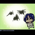 1boy beam_rifle blue_hair char&#039;s_counterattack chibi commentary energy_gun gundam gundam_gquuuuuux hi-nu_gundam letterboxed mecha morikinoko nu_gundam open_mouth robot scene_reference shield shuji_ito smile spoilers sword twitter_username weapon zeta_gundam_3a_type 