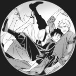  2boys absurdres arm_up bandana bandana_around_arm black_background boots circle clenched_teeth commentary_request evrinuk fur-trimmed_shorts fur_trim greyscale hat highres korean_commentary leaning leaning_back long_sleeves looking_up lying lying_on_person male_focus monkey_d._luffy monochrome multiple_boys one_eye_closed one_piece pants parted_lips roronoa_zoro sandals scar scar_across_eye scar_on_face shirt short_hair shorts sideburns straw_hat teeth unworn_hat unworn_headwear very_short_hair 