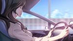  1girl black_shirt black_trim bracelet breasts brown_eyes brown_hair business_suit car car_interior car_seat driving earrings from_side fukuda_tomonori game_cg grey_jacket hair_over_shoulder highres jacket jewelry lapels large_breasts left-hand_drive lipstick long_hair long_sleeves makeup mature_female motion_blur motor_vehicle non-web_source notched_lapels official_art open_mouth parted_bangs pendant_earring red_lips robotics;notes seatbelt senomiya_misaki shiny_lips shirt side-view_mirror sitting solo steering_wheel suit suit_jacket three-quarter_sleeves tongue vehicle_interior 