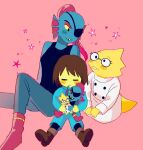  1other 2girls alphys beryllium_game black_tank_top blue_jumpsuit blue_skin boots brown_boots character_doll coat colored_sclera colored_skin commentary_request doll eyepatch fins fish_girl frisk_(undertale) head_fins highres holding holding_doll jumpsuit lab_coat lizard_tail long_hair multiple_girls pink_background ponytail red_hair reptile_girl sitting star_(symbol) tail tank_top undertale undyne white_coat yellow_sclera yellow_skin 