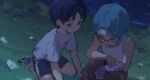  2boys arm_cast black_shorts blue_eyes blue_hair bush commentary cove_holden crying crying_with_eyes_open dark dutch_angle elbow_on_knee english_commentary flower from_above full_body glasses hill looking_at_another main_character_(our_life) male_focus moonlight multiple_boys night on_grass our_life:_beginnings_and_always poppy_(flower) ryuuieu shirt shoes short_hair shorts sitting sneakers socks sparkle t-shirt tank_top tears wariza water white_shirt white_socks white_tank_top worried 