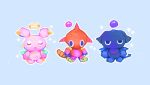  3others animal_ears animal_feet blue_background blue_skin chao_(sonic) closed_eyes colored_skin commentary creature creature_focus halo hero_chao highres looking_at_viewer multiple_others neogeopet neutral_chao orb original other_focus red_skin simple_background sonic_(series) standing tail white_skin 