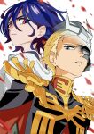  2boys blonde_hair blue_eyes blue_hair char_aznable commentary_request epaulettes fading glaring gundam gundam_gquuuuuux helmet highres jacket looking_at_viewer male_focus mask military military_uniform multicolored_hair multiple_boys open_mouth purple_hair red_eyes red_jacket shirt short_hair shuji_ito two-tone_hair upper_body white_shirt yy_shibata zeon 