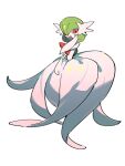  :d absurdres colored_skin dress full_body gardevoir green_hair hair_between_eyes highres lanjiujiu looking_at_viewer mega_gardevoir open_mouth pokemon pokemon_(creature) pokemon_focus red_eyes short_hair smile solo white_background white_dress white_skin 